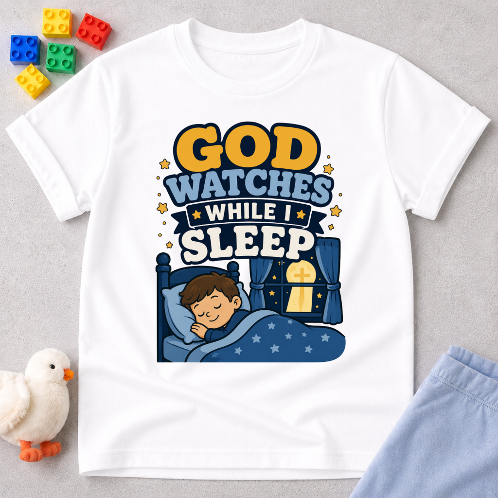 God Watches While I Sleep Christian kids shirt in white featuring a sleeping child at night
