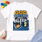 God Watches While I Sleep Christian kids shirt in white featuring a sleeping child at night
