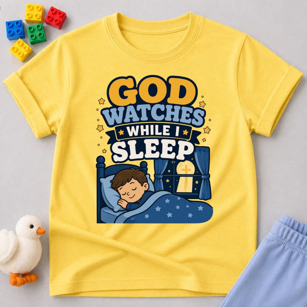 God Watches While I Sleep Christian kids shirt in yellow featuring a sleeping child at night
