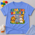 Gods Amazing Creation Animals Christian kids shirt in blue featuring friendly jungle and farm animals
