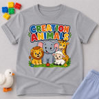 Gods Amazing Creation Animals Christian kids shirt in gray featuring friendly jungle and farm animals
