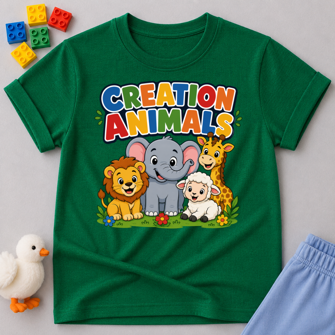 Gods Amazing Creation Animals Christian kids shirt in green featuring friendly jungle and farm animals
