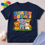 Gods Amazing Creation Animals Christian kids shirt in navy featuring friendly jungle and farm animals
