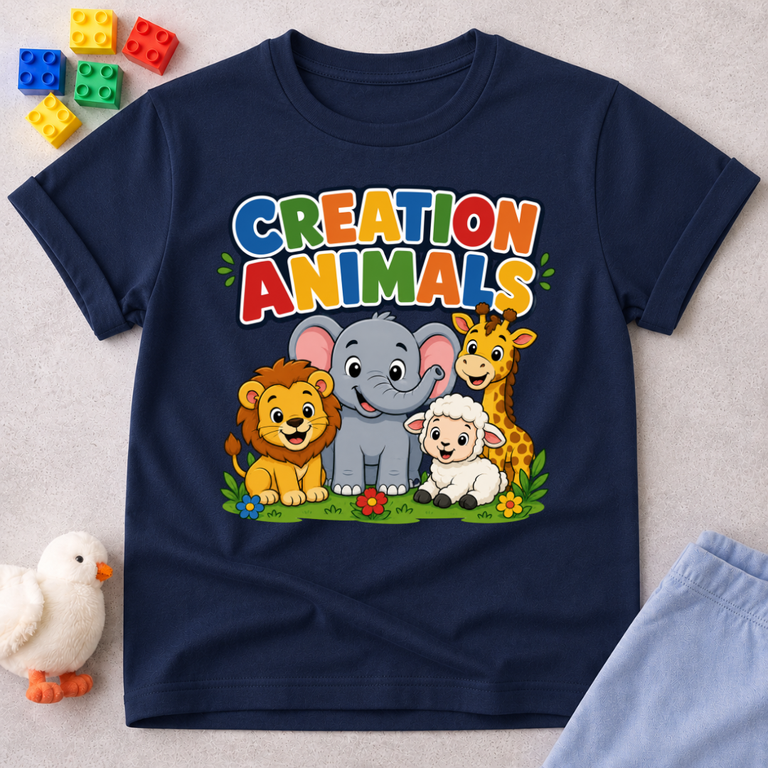 Gods Amazing Creation Animals Christian kids shirt in navy featuring friendly jungle and farm animals
