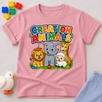 Gods Amazing Creation Animals Christian kids shirt in pink featuring friendly jungle and farm animals
