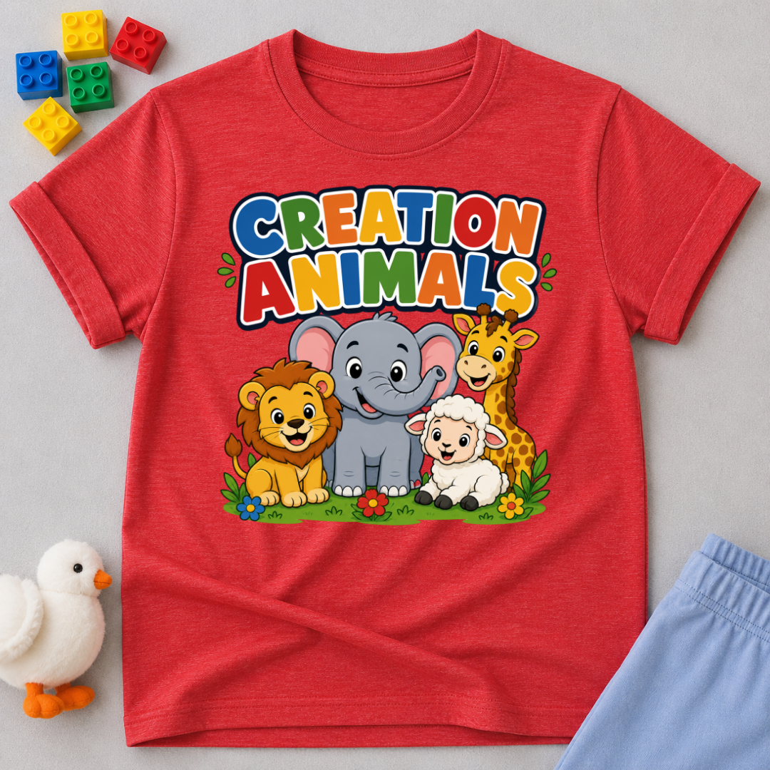 Gods Amazing Creation Animals Christian kids shirt in red featuring friendly jungle and farm animals
