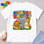 Gods Amazing Creation Animals Christian kids shirt in white featuring friendly jungle and farm animals
