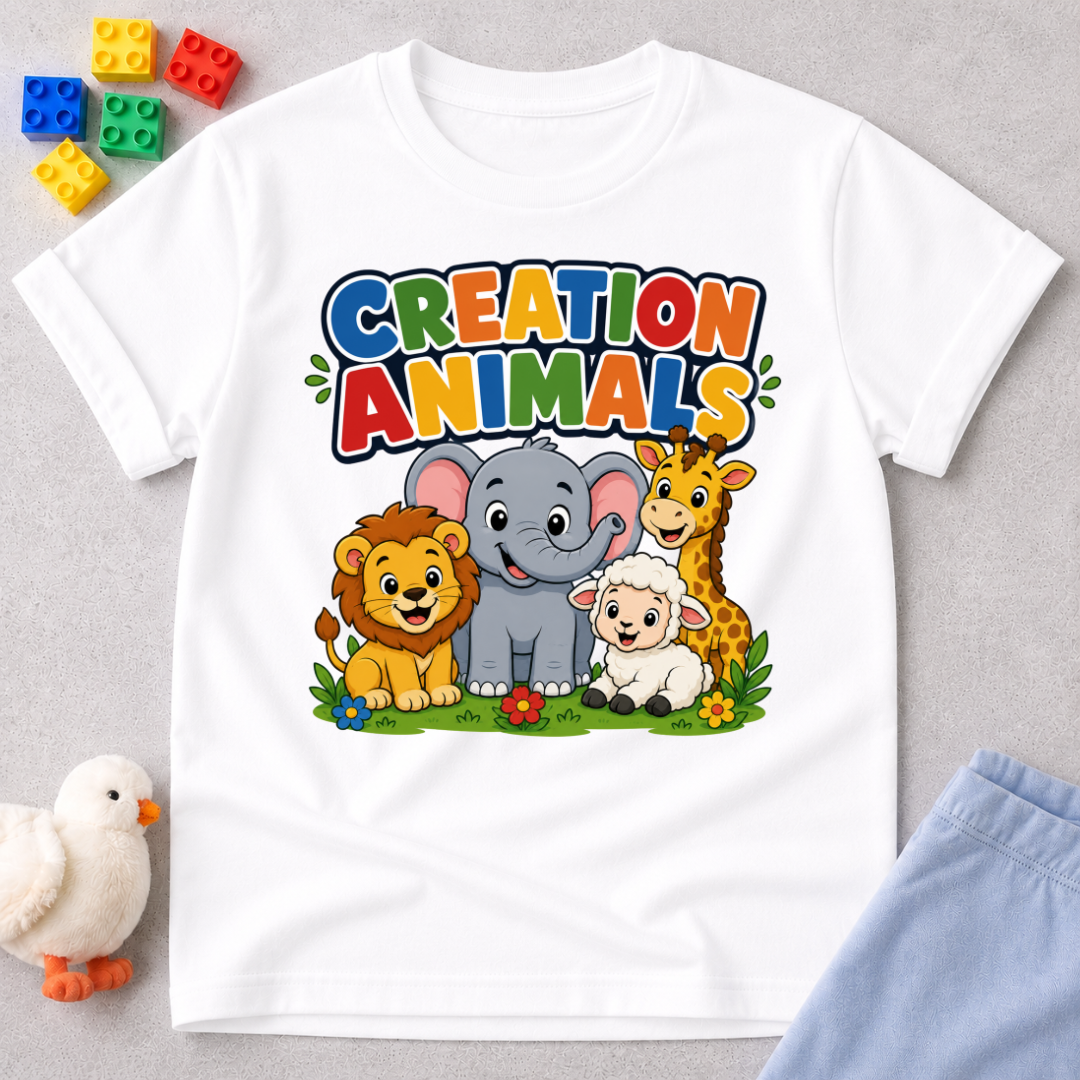 Gods Amazing Creation Animals Christian kids shirt in white featuring friendly jungle and farm animals
