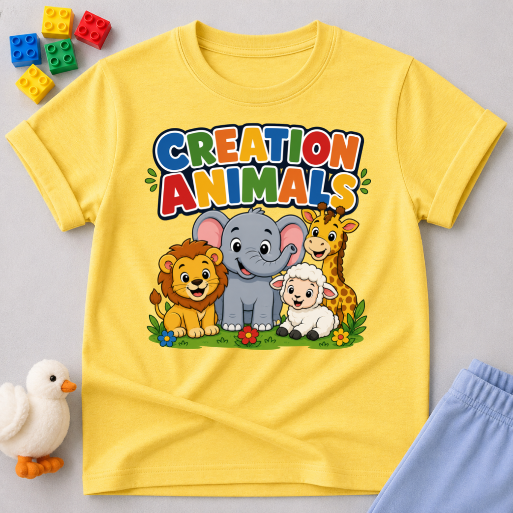 Gods Amazing Creation Animals Christian kids shirt in yellow featuring friendly jungle and farm animals