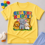 Gods Amazing Creation Animals Christian kids shirt in yellow featuring friendly jungle and farm animals