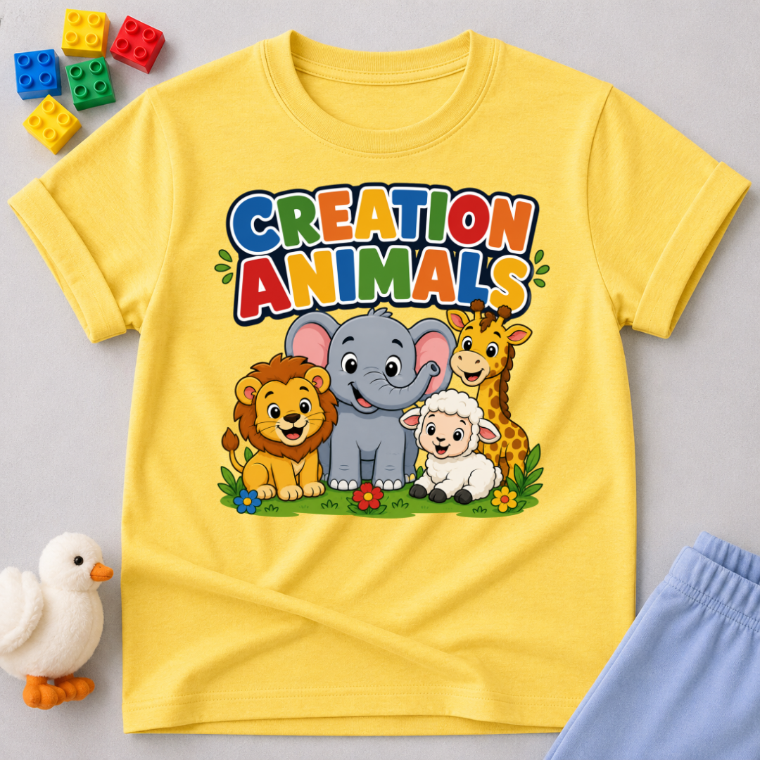 Gods Amazing Creation Animals Christian kids shirt in yellow featuring friendly jungle and farm animals