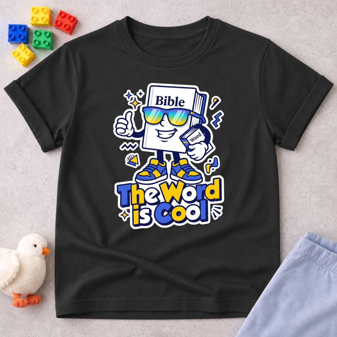 God's Word Is Cool Christian kids shirt in Black featuring a cheerful Bible character and faith-inspired design