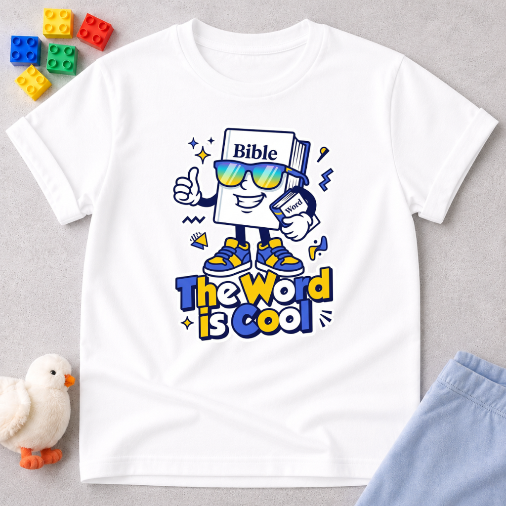 God's Word Is Cool Christian kids shirt in White featuring a cheerful Bible character and faith-inspired design