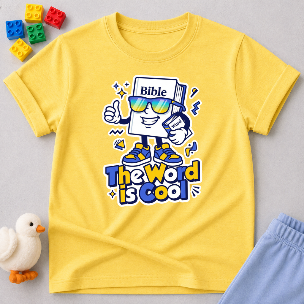 God's Word Is Cool Christian kids shirt in Yellow featuring a cheerful Bible character and faith-inspired design

