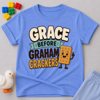 Grace Before Graham Crackers Christian kids shirt in blue featuring a smiling graham cracker
