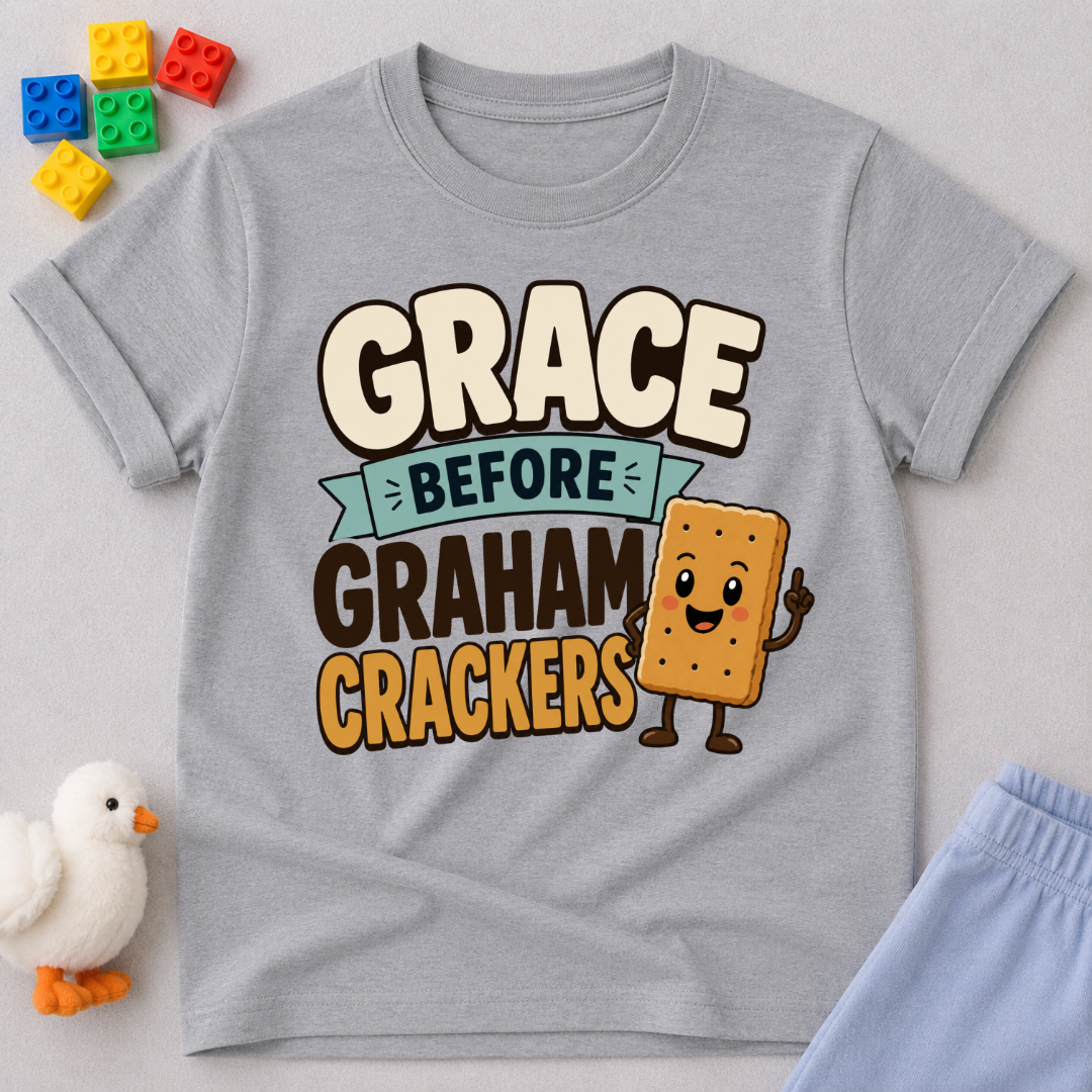 Grace Before Graham Crackers Christian kids shirt in gray featuring a smiling graham cracker
