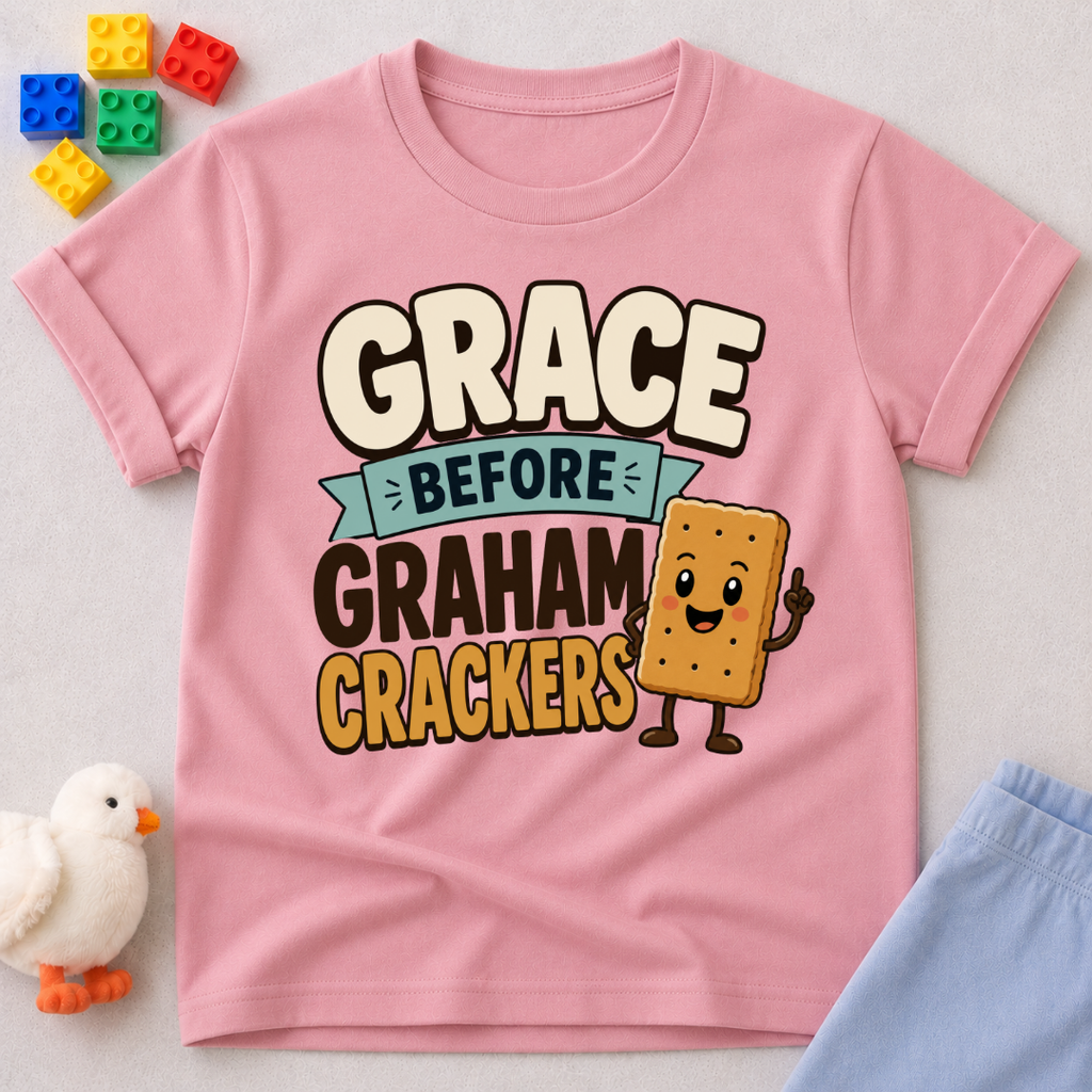 Grace Before Graham Crackers Christian kids shirt in pink featuring a smiling graham cracker
