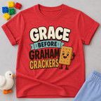 Grace Before Graham Crackers Christian kids shirt in red featuring a smiling graham cracker

