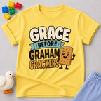 Grace Before Graham Crackers Christian kids shirt in yellow featuring a smiling graham cracker
