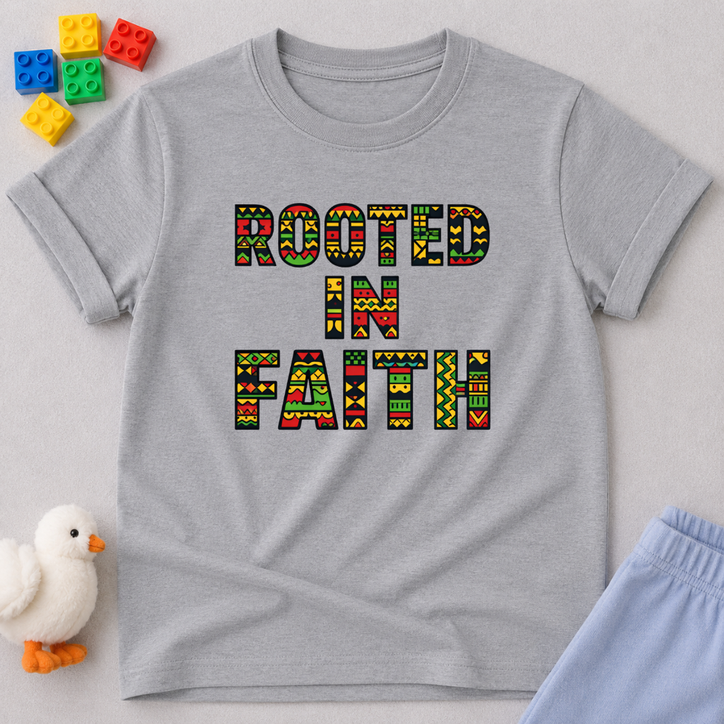 Growing Deep In Faith Christian kids shirt in Gray featuring rooted in faith inspirational typography