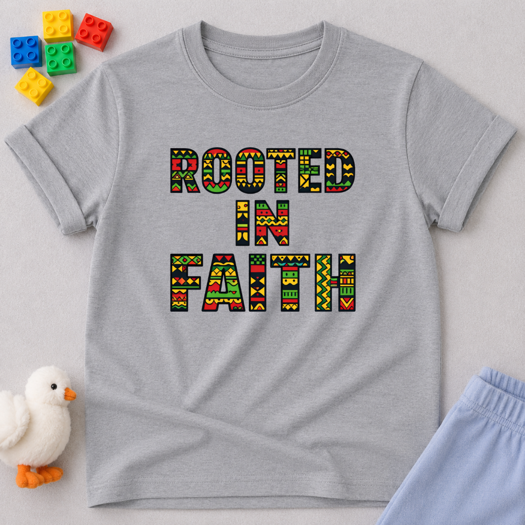 Growing Deep In Faith Christian kids shirt in Gray featuring rooted in faith inspirational typography