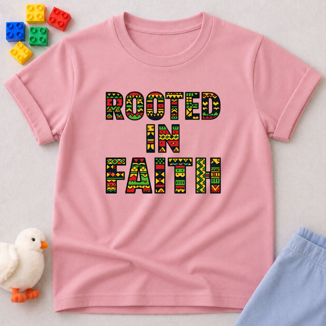 Growing Deep In Faith Christian kids shirt in Pink featuring rooted in faith inspirational typography