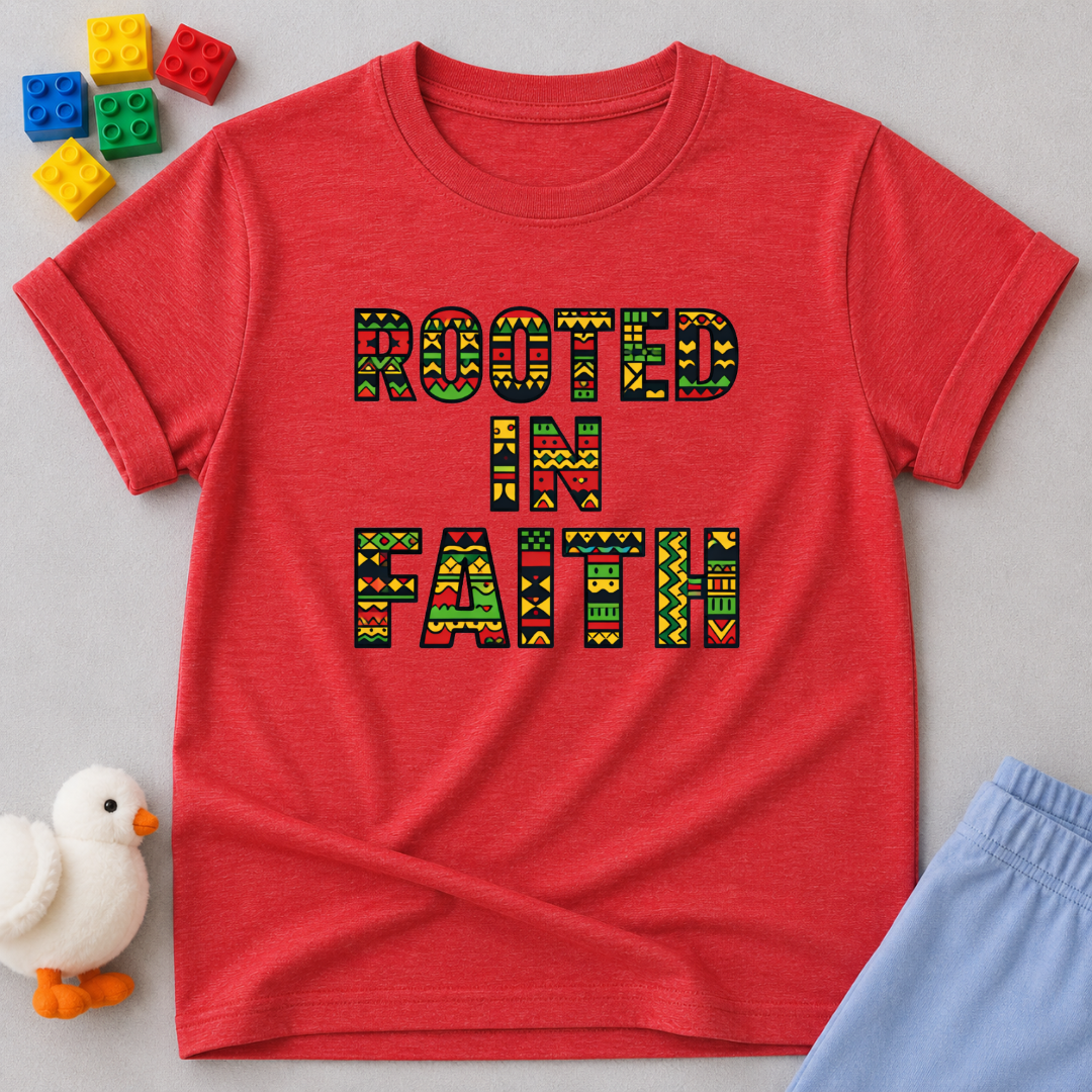 Growing Deep In Faith Christian kids shirt in Red featuring rooted in faith inspirational typography