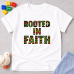 Growing Deep In Faith Christian kids shirt in White featuring rooted in faith inspirational typography