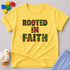 Growing Deep In Faith Christian kids shirt in Yellow featuring rooted in faith inspirational typography