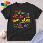 Growing Fruits Of Faith Christian kids shirt in Black featuring fruit characters inspired by the Fruit of the Spirit