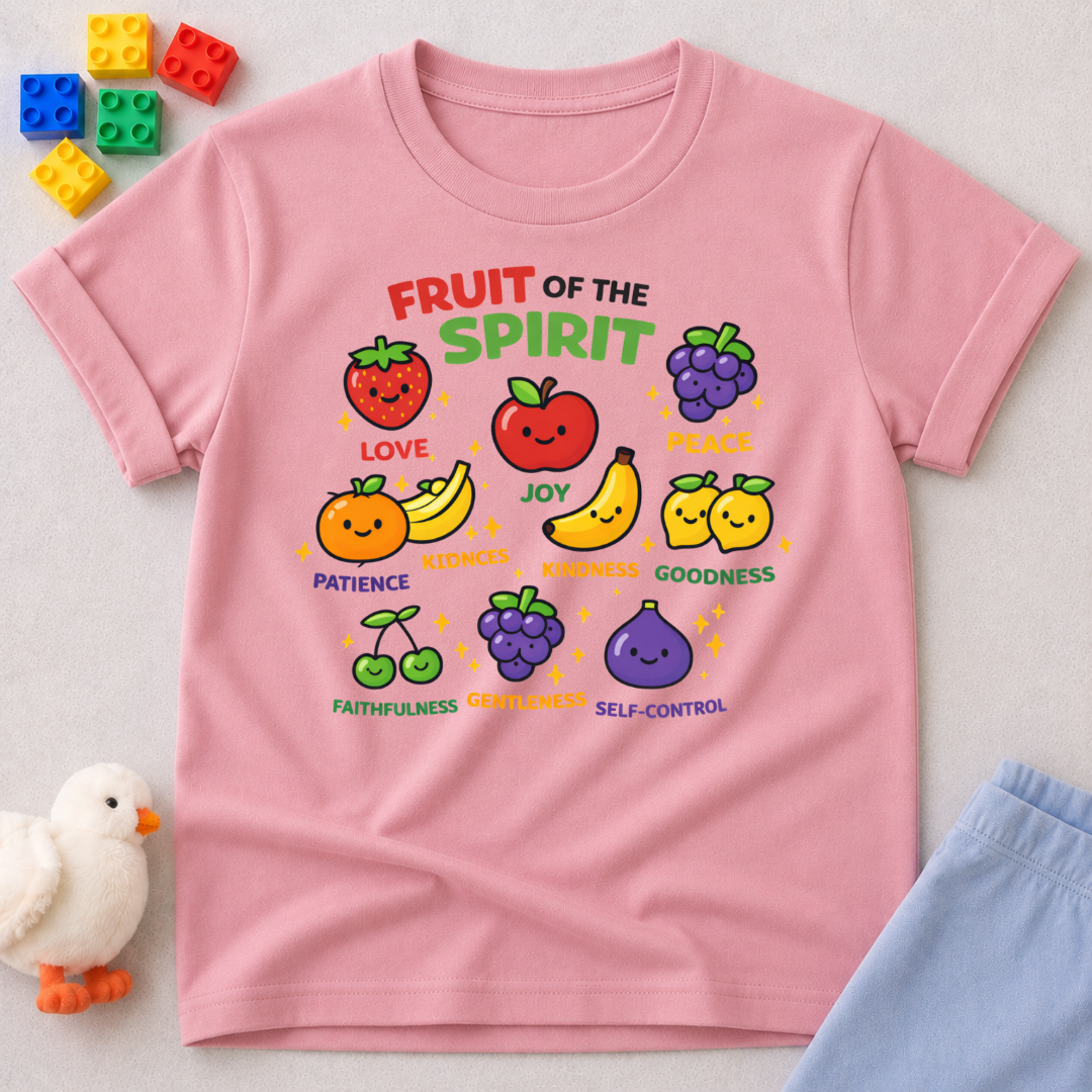 Growing Fruits Of Faith Christian kids shirt in Pink featuring fruit characters inspired by the Fruit of the Spirit