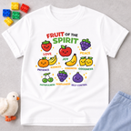 Growing Fruits Of Faith Christian kids shirt in White featuring fruit characters inspired by the Fruit of the Spirit