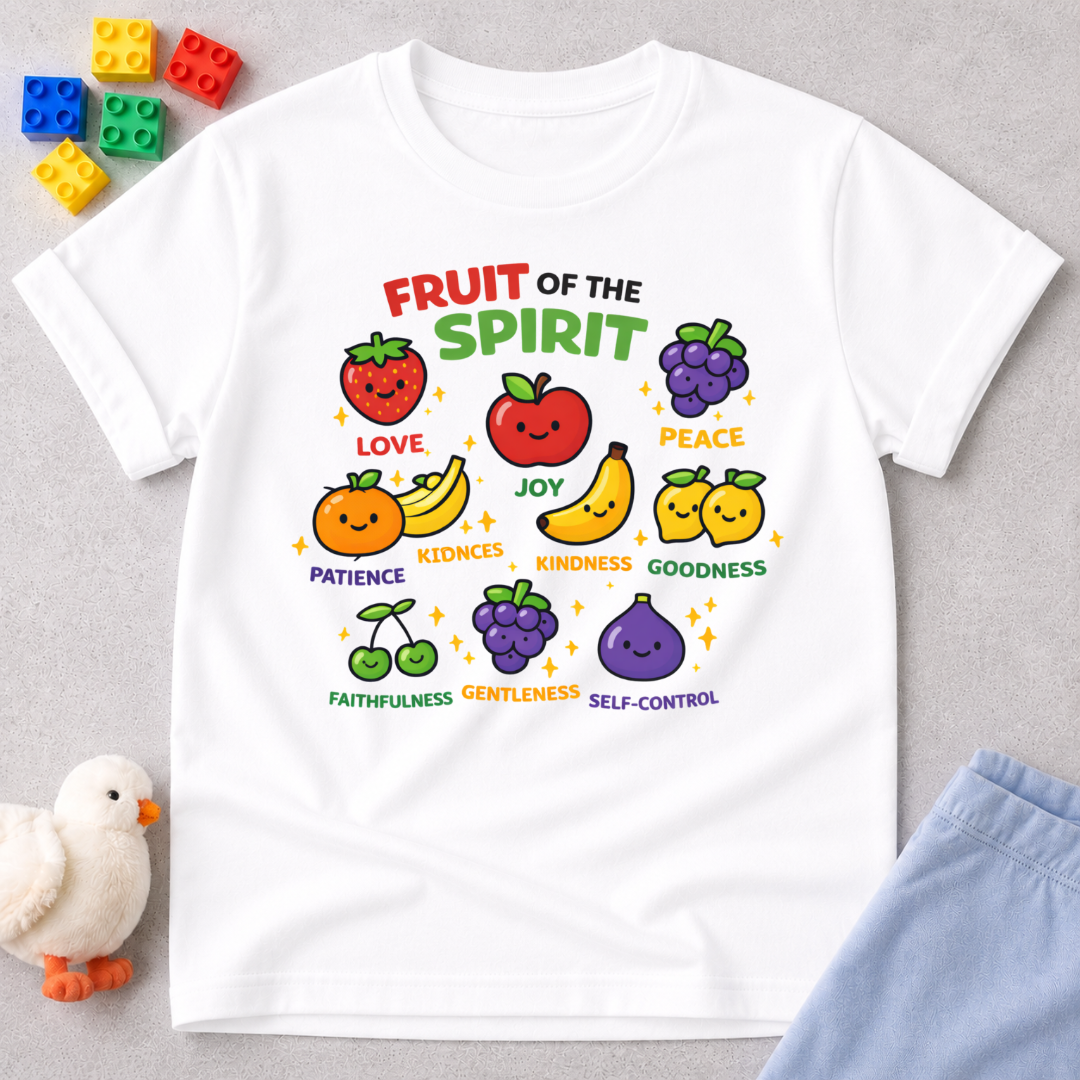 Growing Fruits Of Faith Christian kids shirt in White featuring fruit characters inspired by the Fruit of the Spirit