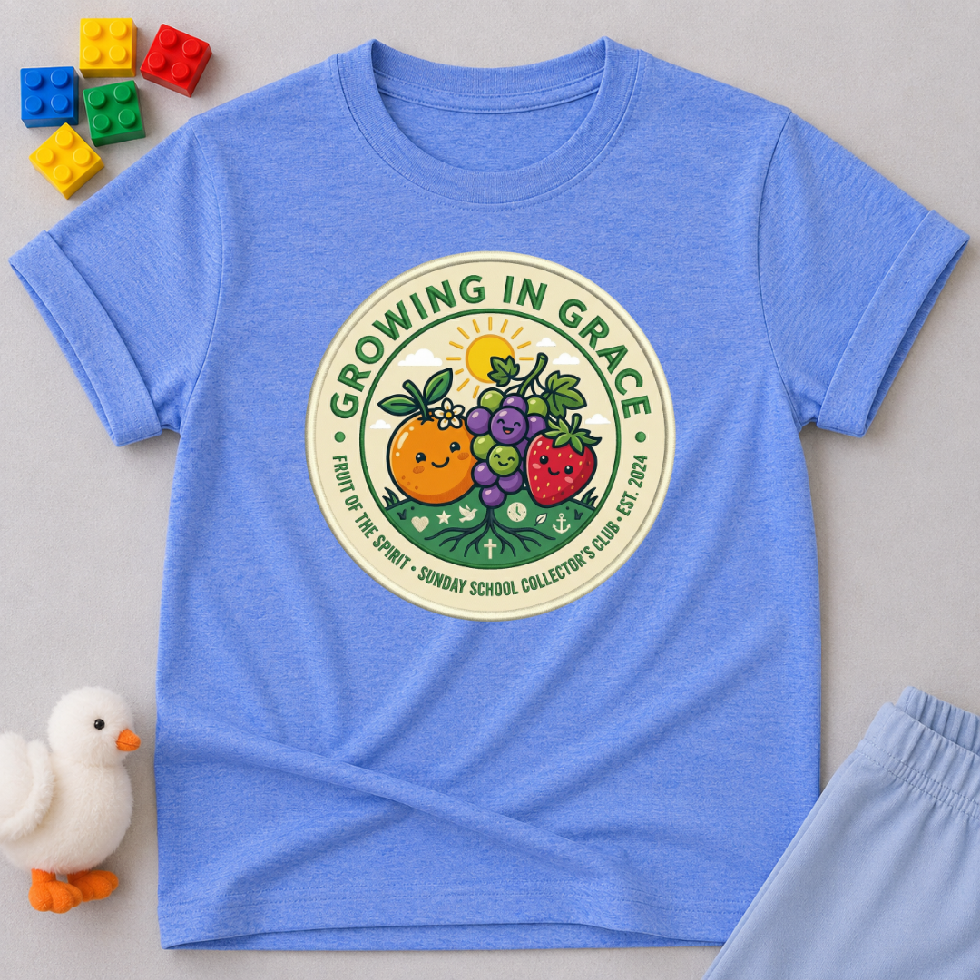 Growing In Grace And Faith Christian kids shirt in Blue inspired by spiritual growth and biblical values