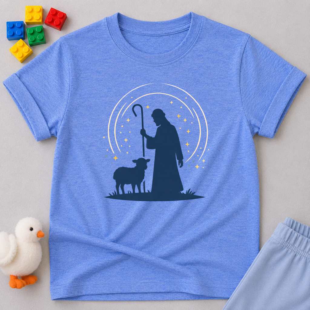 Guided By The Shepherd Christian kids shirt in Blue featuring a shepherd and sheep faith-inspired design