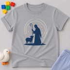 Guided By The Shepherd Christian kids shirt in Gray featuring a shepherd and sheep faith-inspired design