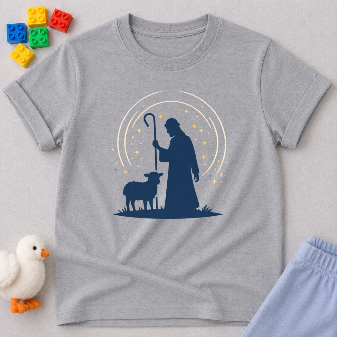 Guided By The Shepherd Christian kids shirt in Gray featuring a shepherd and sheep faith-inspired design