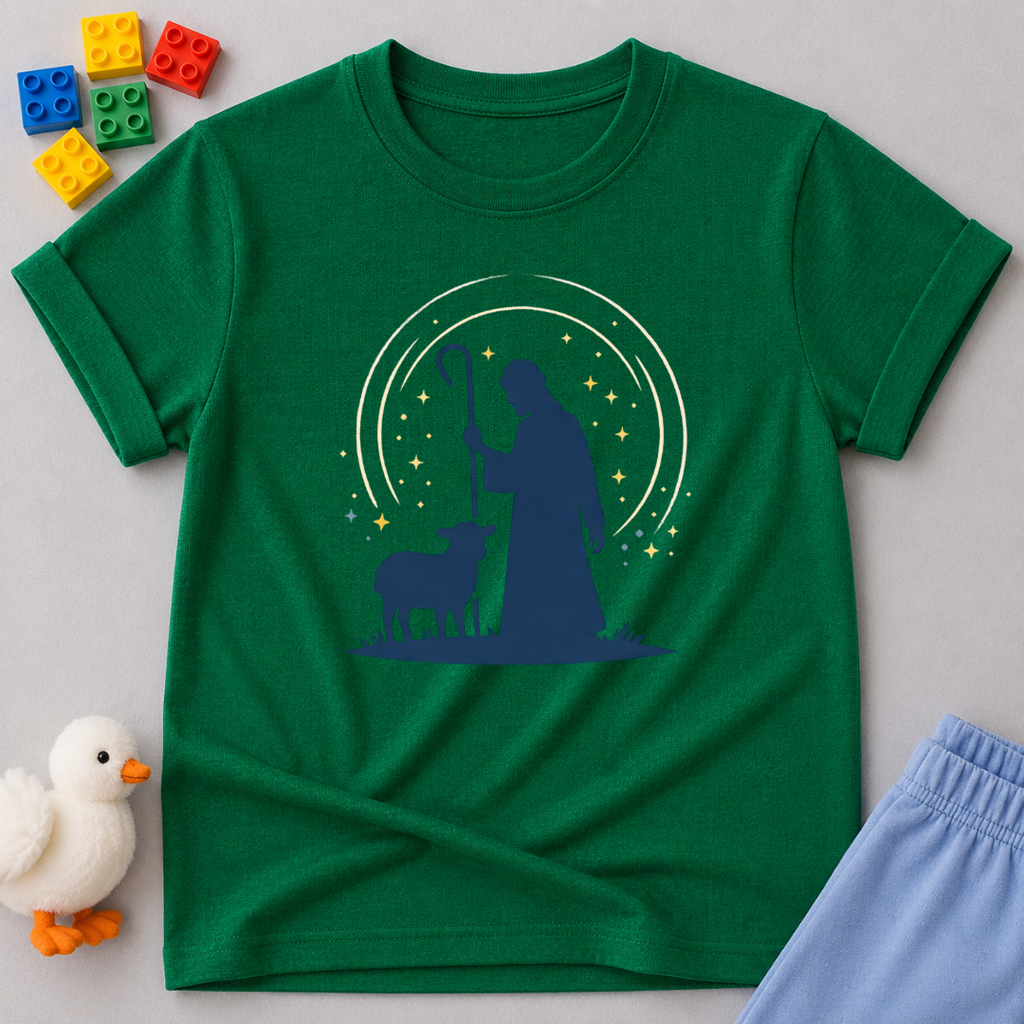Guided By The Shepherd Christian kids shirt in Green featuring a shepherd and sheep faith-inspired design