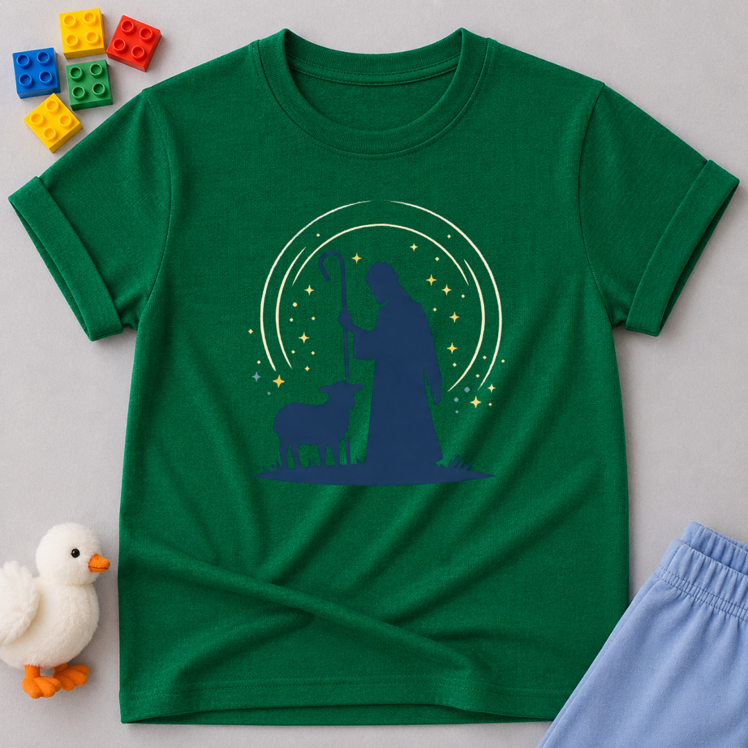 Guided By The Shepherd Christian kids shirt in Green featuring a shepherd and sheep faith-inspired design