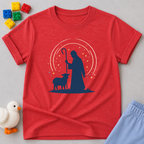 Guided By The Shepherd Christian kids shirt in Red featuring a shepherd and sheep faith-inspired design