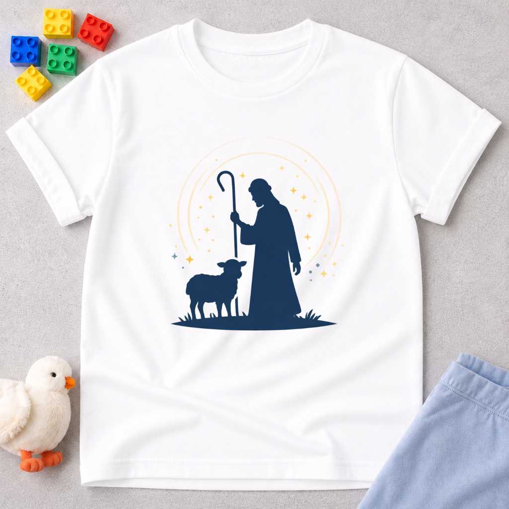 Guided By The Shepherd Christian kids shirt in White featuring a shepherd and sheep faith-inspired design