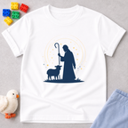 Guided By The Shepherd Christian kids shirt in White featuring a shepherd and sheep faith-inspired design
