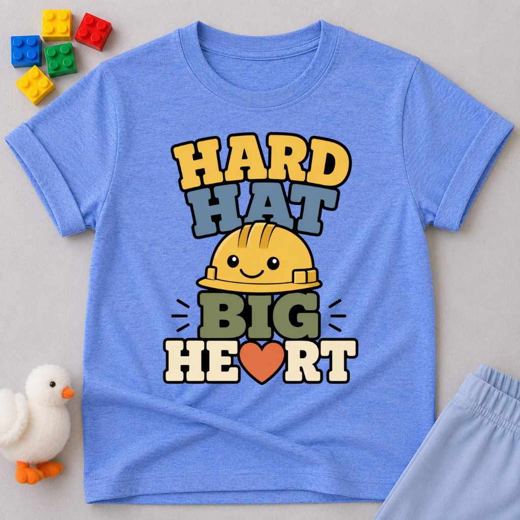 Hard Hat Big Heart Christian kids shirt in blue featuring a smiling construction hard hat and heart design
