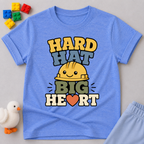 Hard Hat Big Heart Christian kids shirt in blue featuring a smiling construction hard hat and heart design
