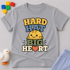 Hard Hat Big Heart Christian kids shirt in gray featuring a smiling construction hard hat and heart design
