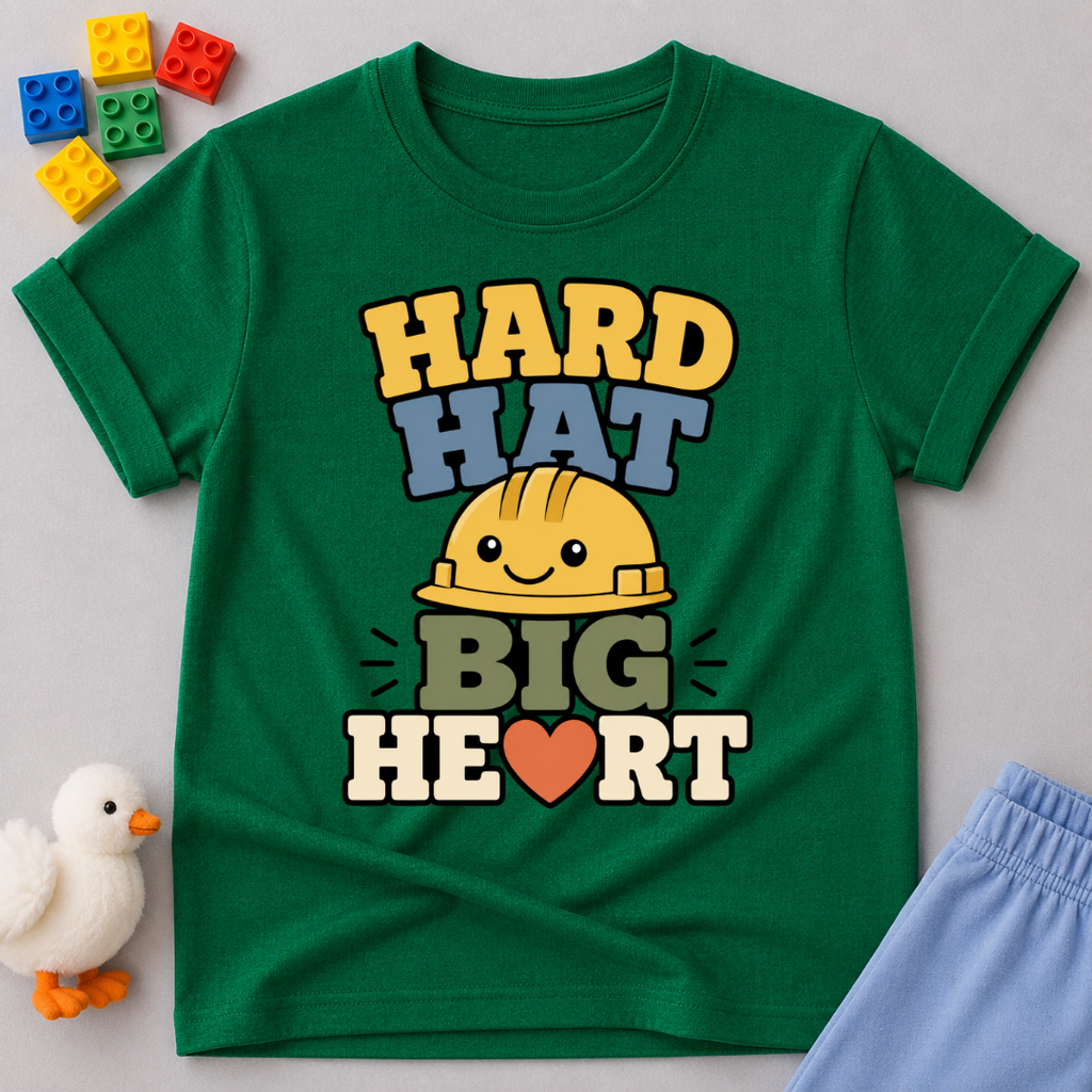Hard Hat Big Heart Christian kids shirt in green featuring a smiling construction hard hat and heart design
