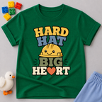 Hard Hat Big Heart Christian kids shirt in green featuring a smiling construction hard hat and heart design
