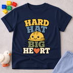 Hard Hat Big Heart Christian kids shirt in navy featuring a smiling construction hard hat and heart design
