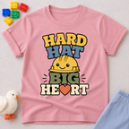 Hard Hat Big Heart Christian kids shirt in pink featuring a smiling construction hard hat and heart design

