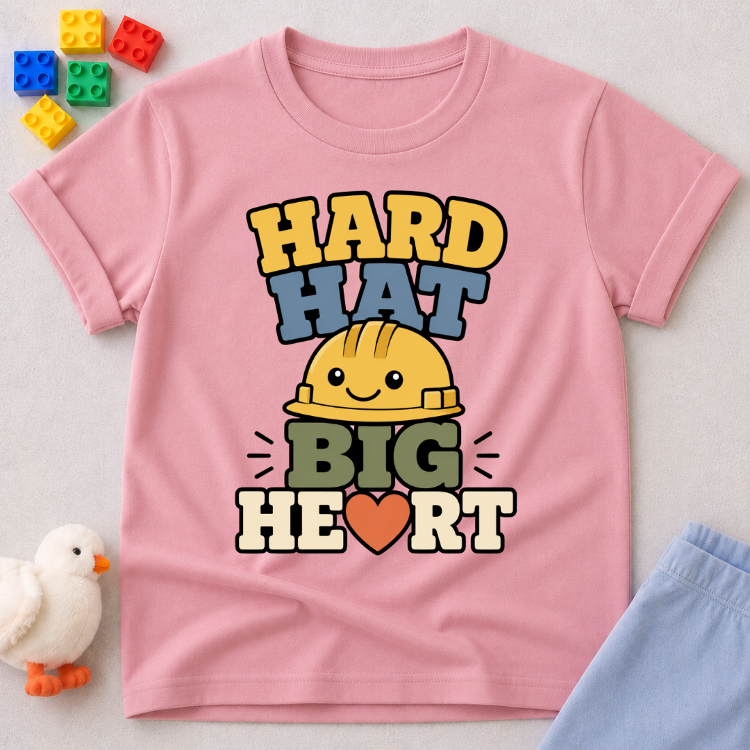 Hard Hat Big Heart Christian kids shirt in pink featuring a smiling construction hard hat and heart design
